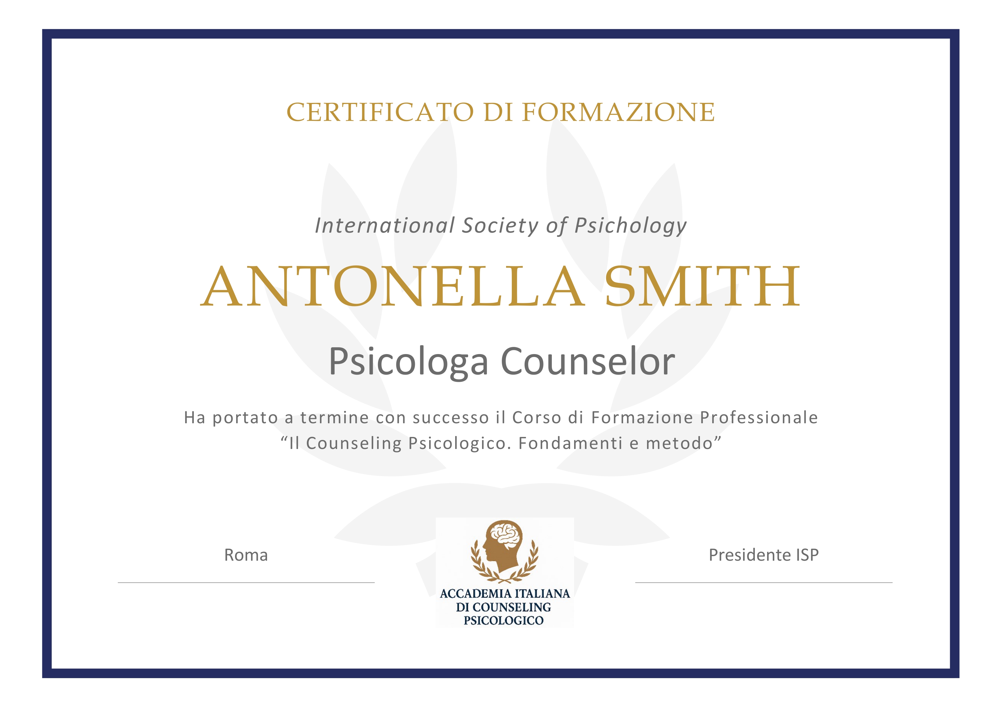 Certificato Corso Counseling Psicologico (Base)